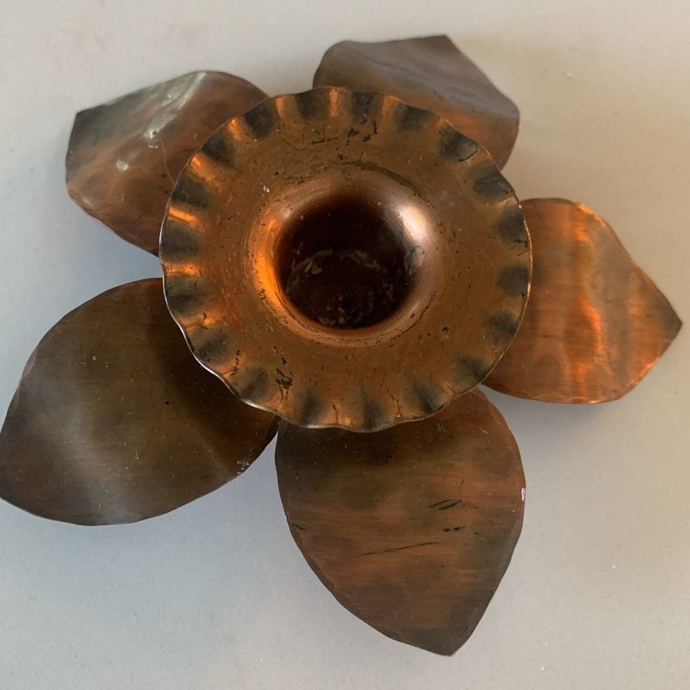 Vintage Hammered Copper Daffodil Taper Candle Holder